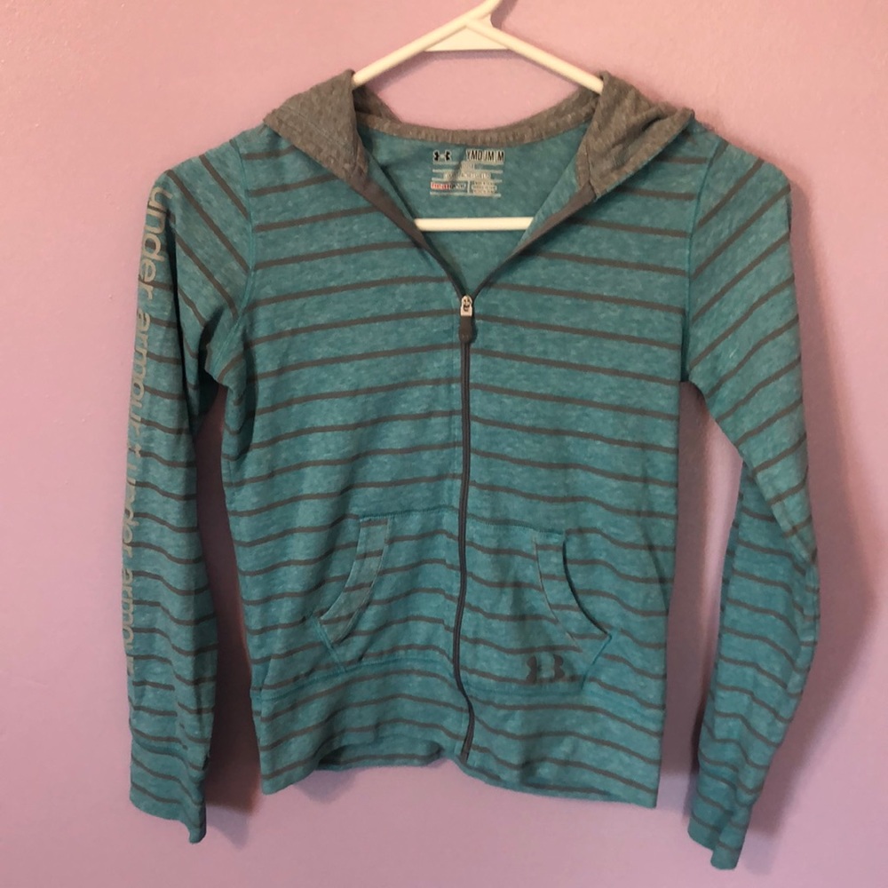 Girls Under Armour Gray and Blue Striped Zip-up Sweatshirt